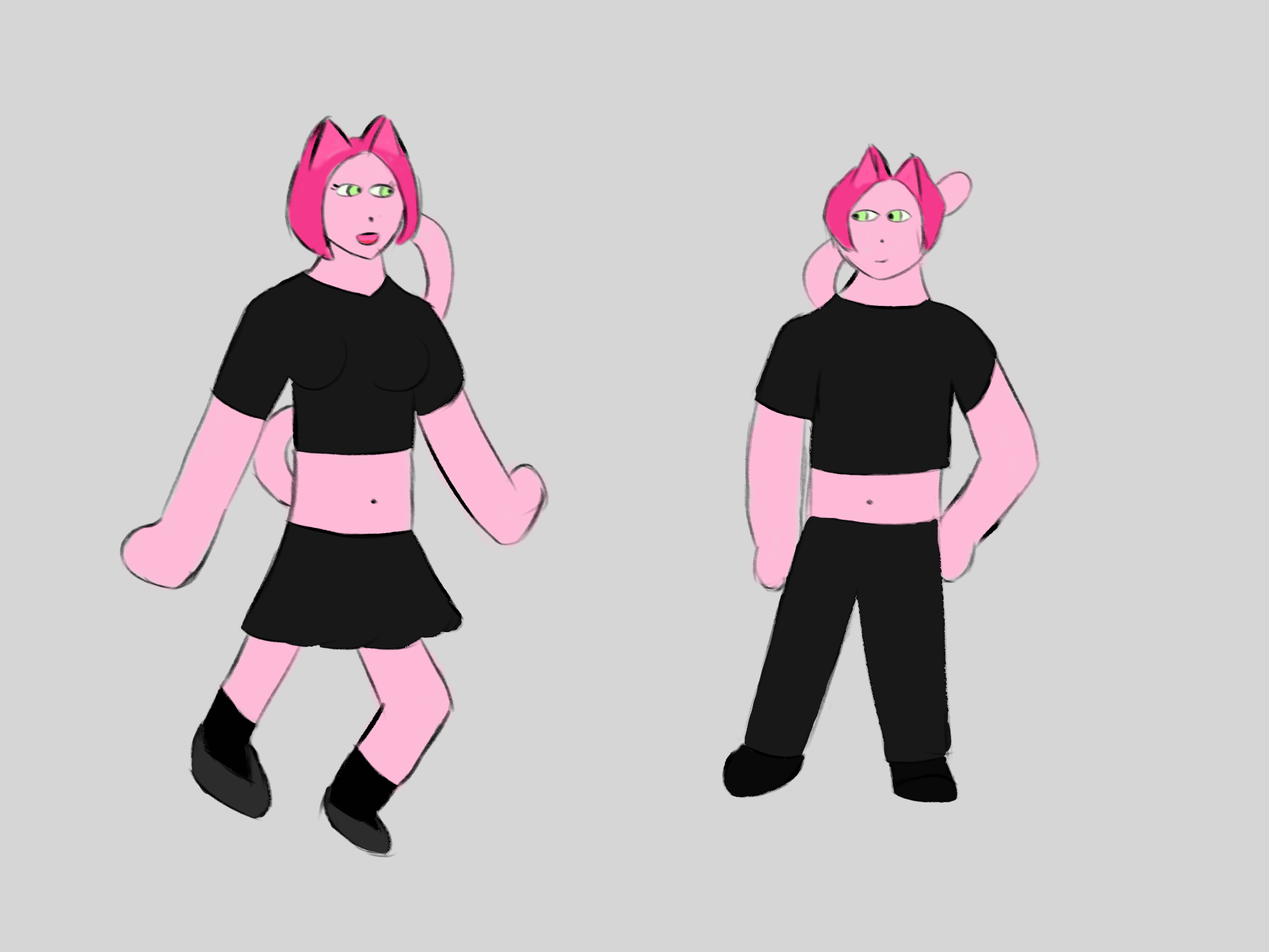 anthro versions of my sona, one male presenting one female presenting